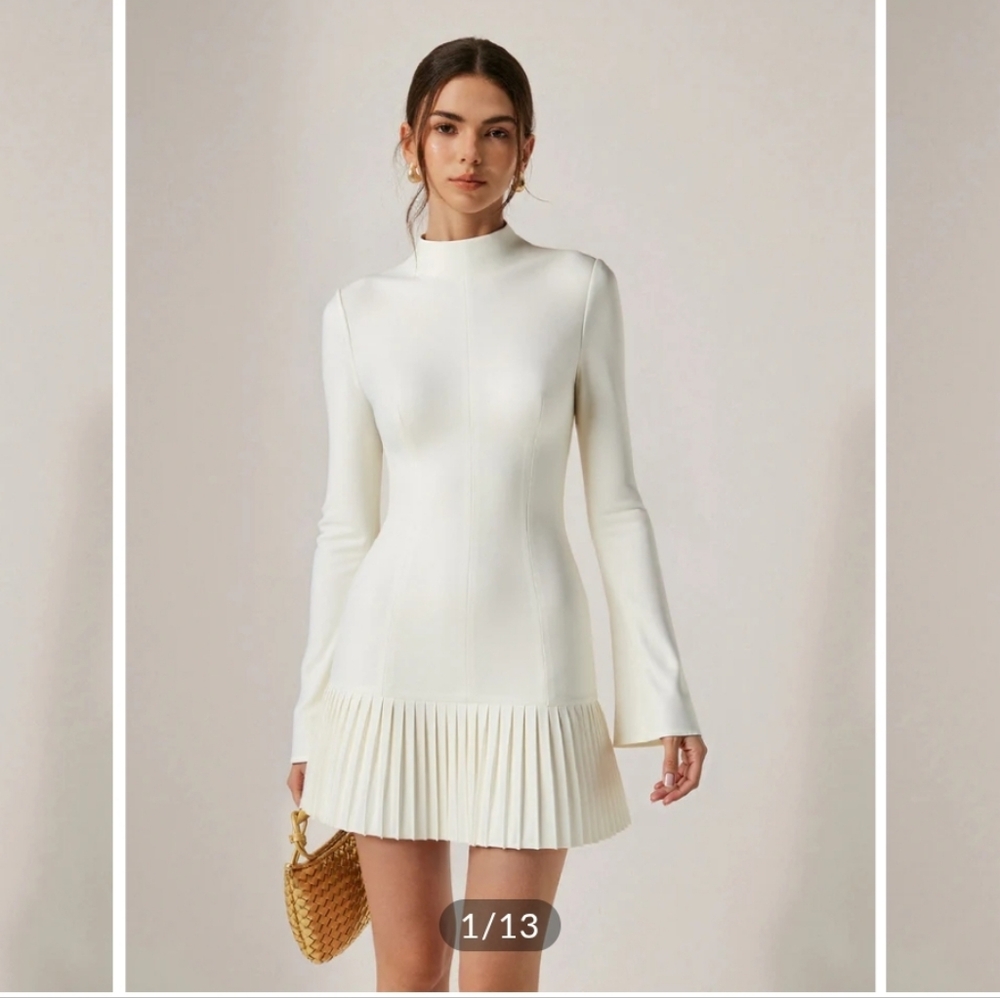 Commense Cream Pleated Hem Mini Dress